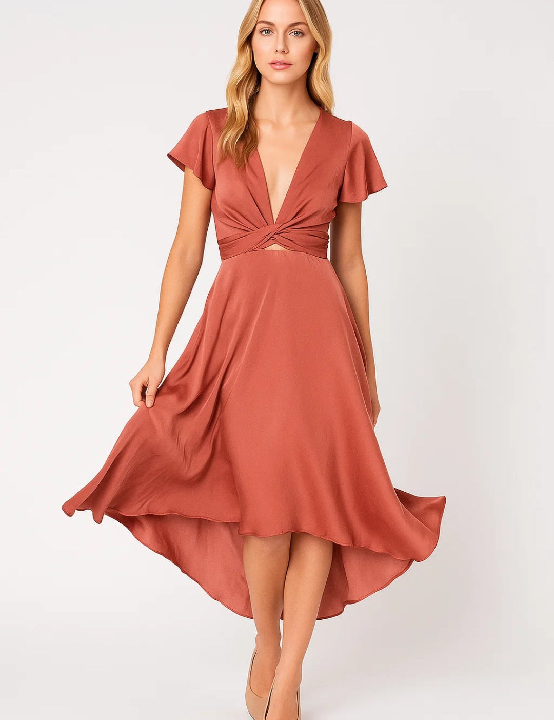 Asymmetric Midi Dress with Twist Detail - Elara