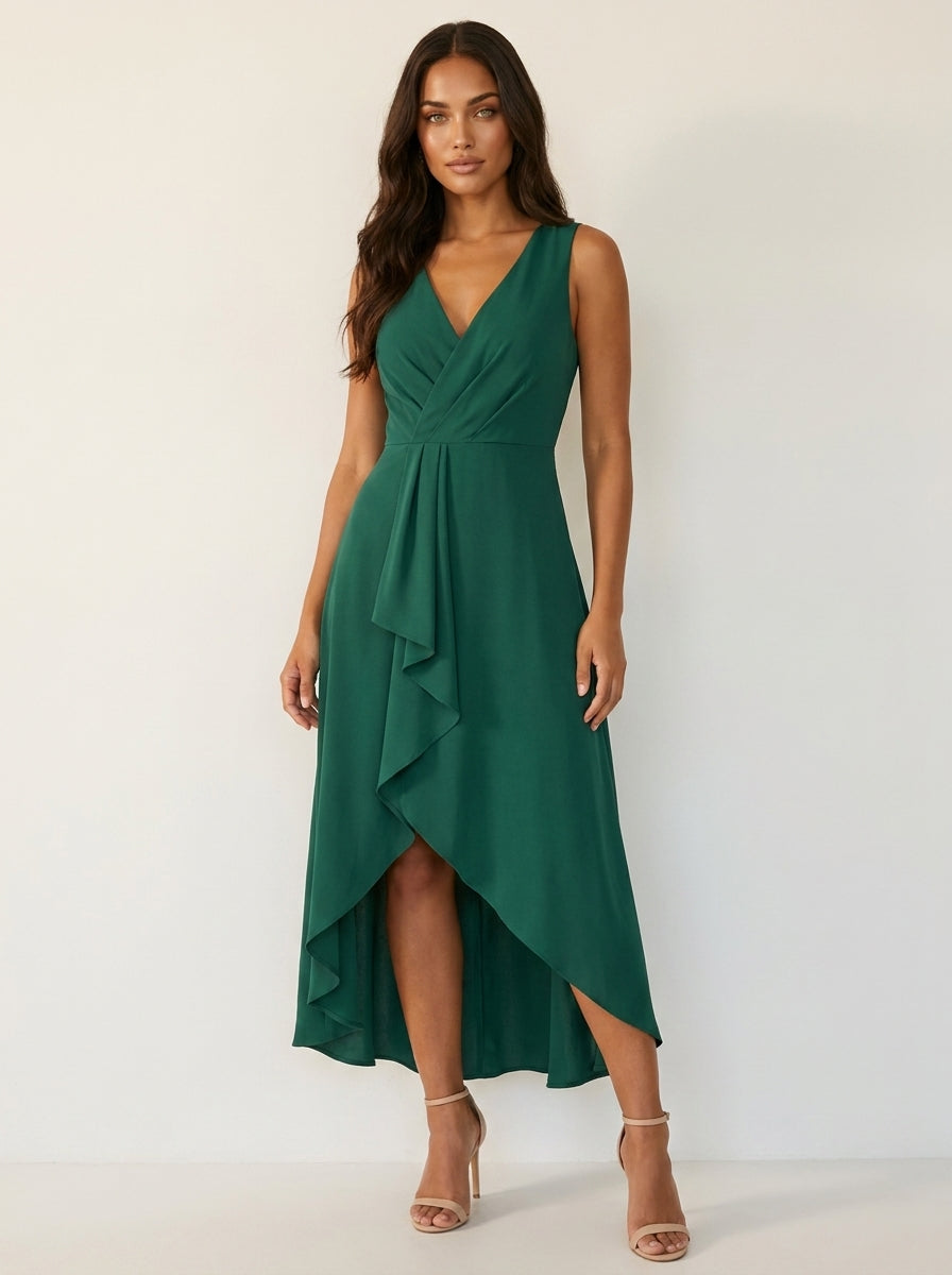Asymmetric Midi Dress with Waterfall Detail - Elena