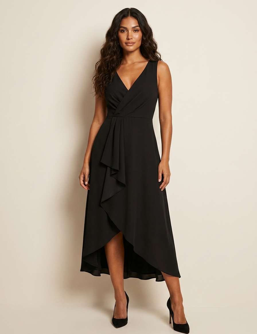 Asymmetric Midi Dress with Waterfall Detail - Elena