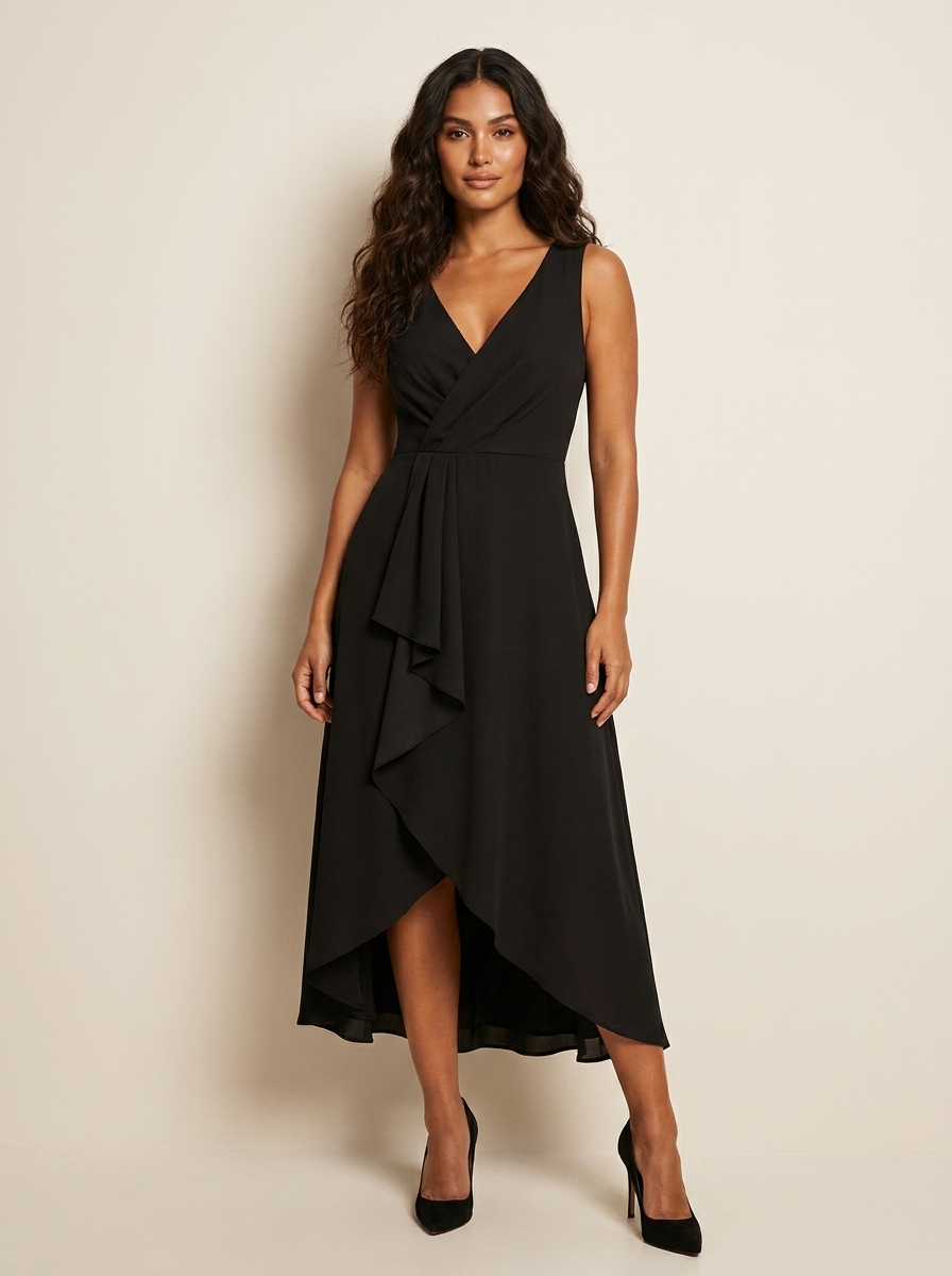 Asymmetric Midi Dress with Waterfall Detail - Elena