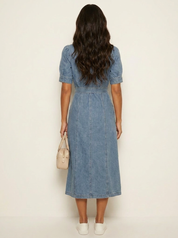 Belted Denim Midi Dress with Puff Sleeves - Isabella
