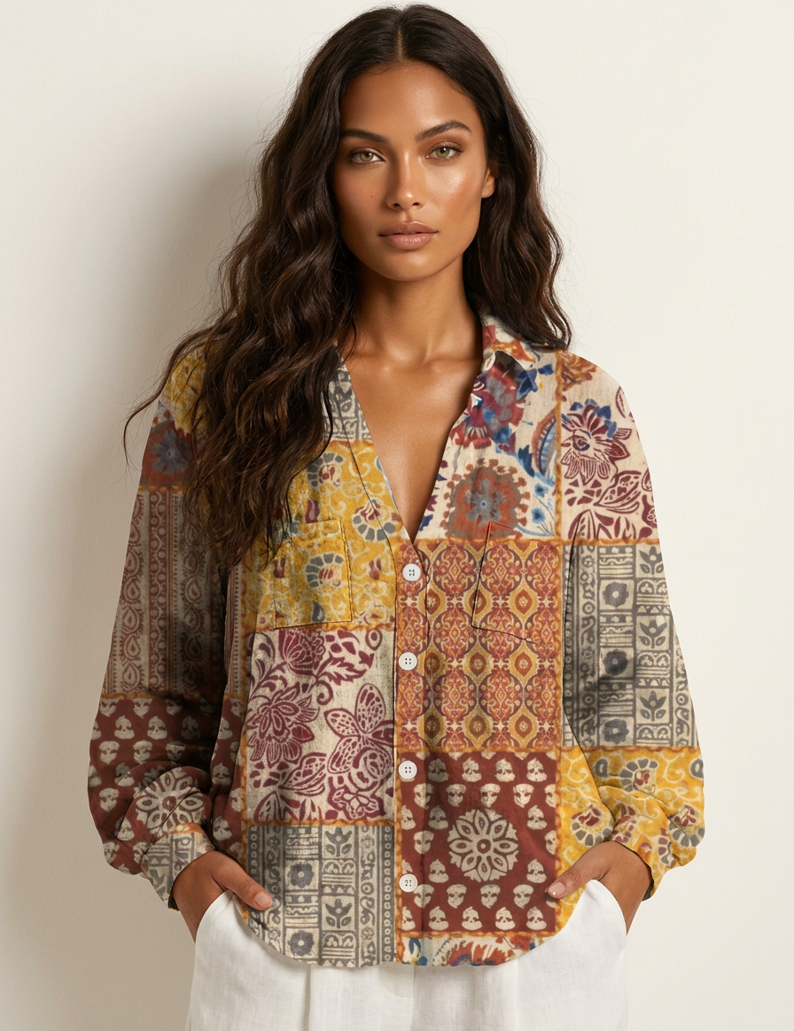 Boho Floral Linen Blouse - Elena