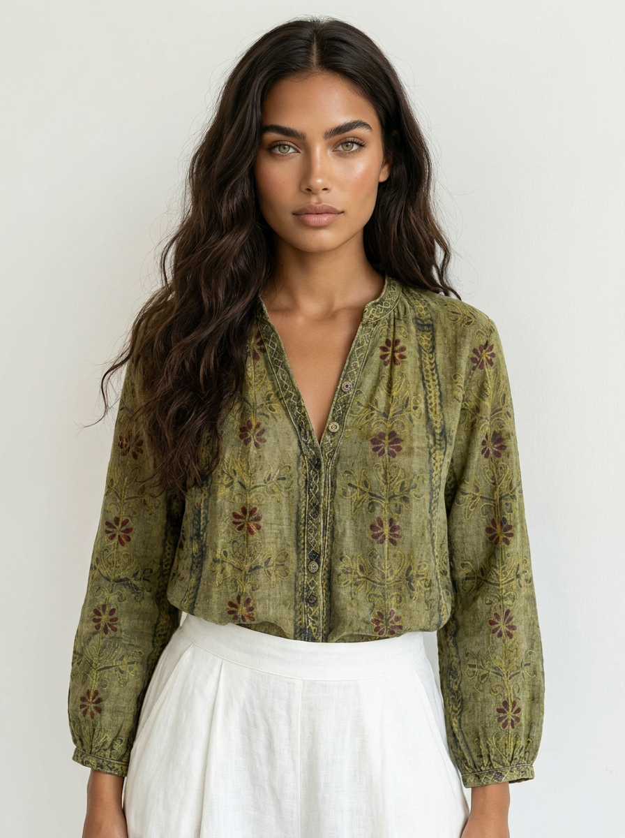 Boho Floral Linen Blouse - Elena