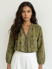 Boho Floral Linen Blouse - Elena