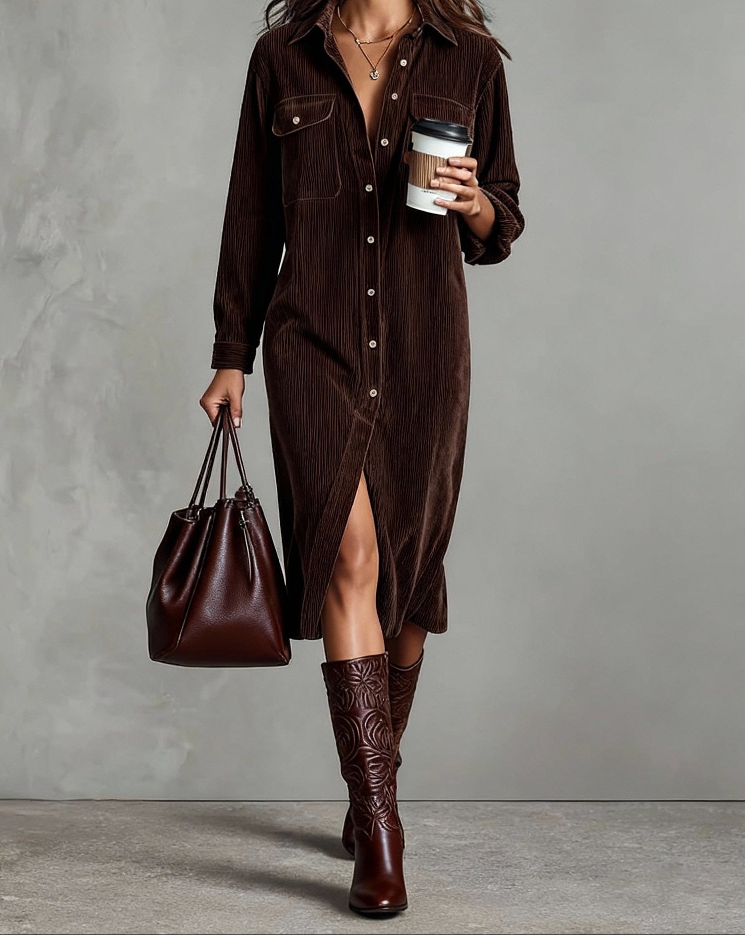 Corduroy Shirt Midi Dress - Emilia
