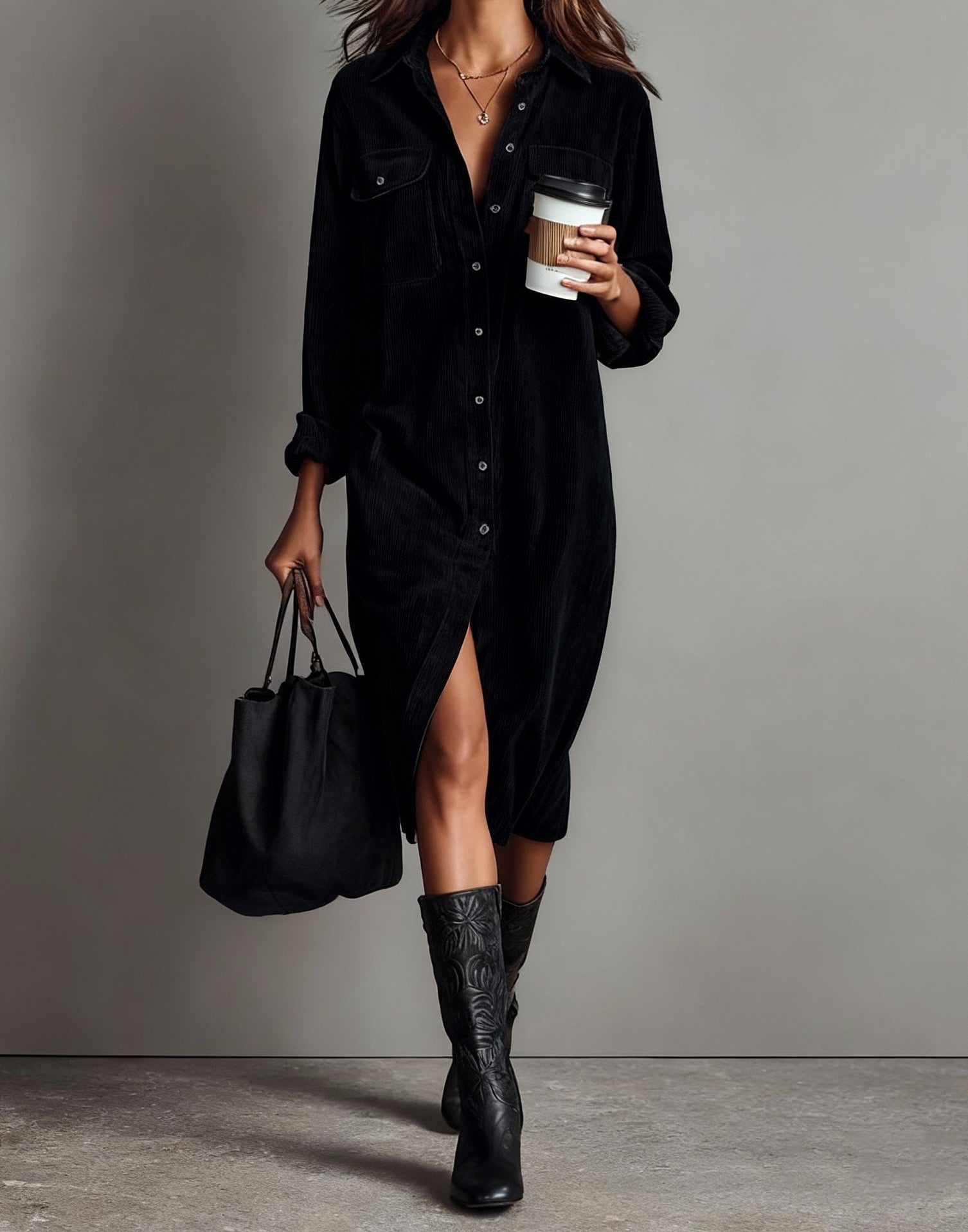 Corduroy Shirt Midi Dress - Emilia