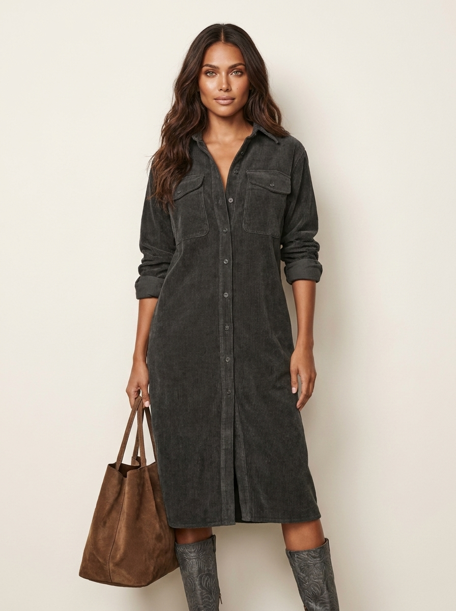 Corduroy Shirt Midi Dress - Emilia