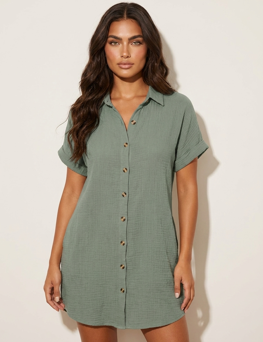 Cotton Shirt Dress with Button Front - Elise