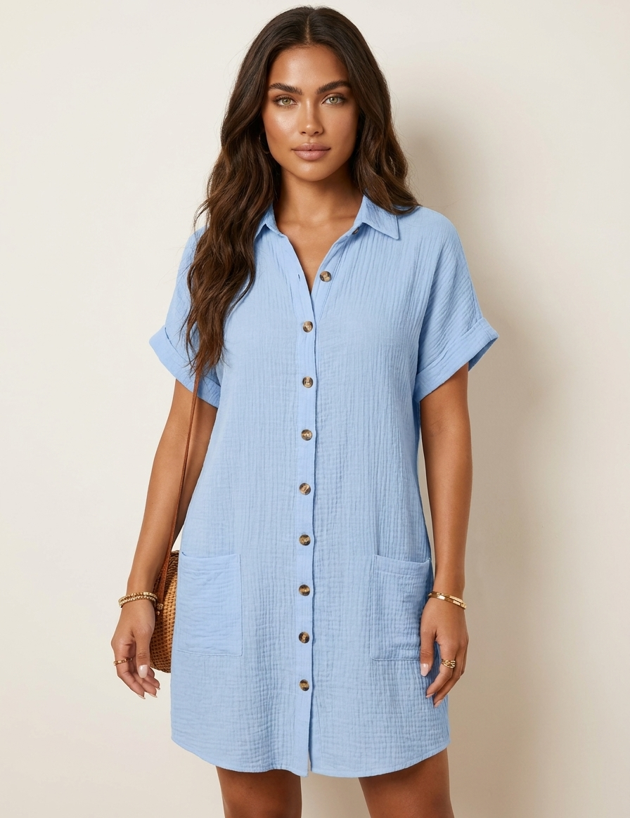 Cotton Shirt Dress with Button Front - Elise
