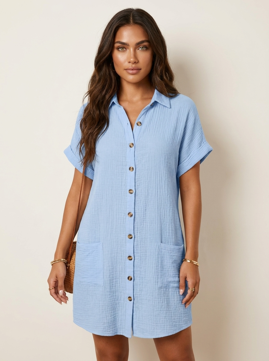 Cotton Shirt Dress with Button Front - Elise