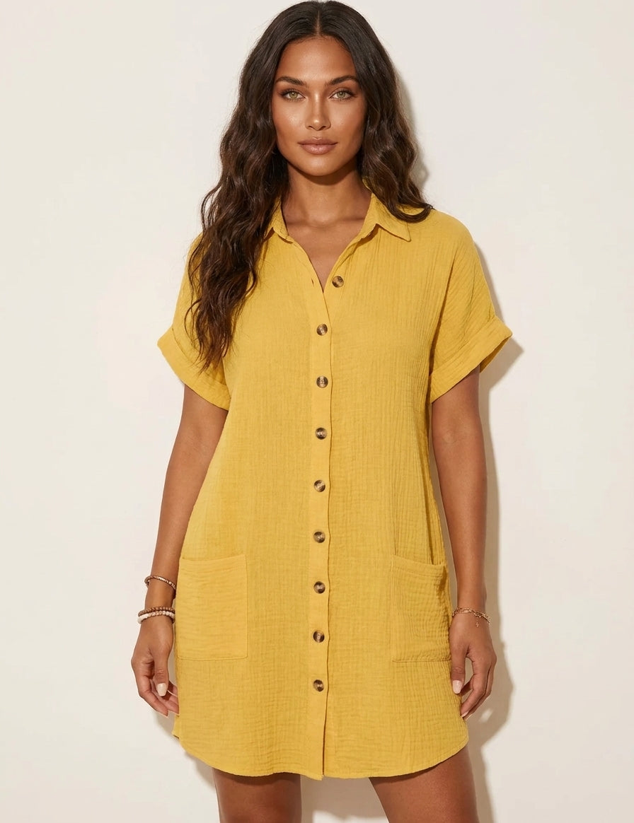 Cotton Shirt Dress with Button Front - Elise