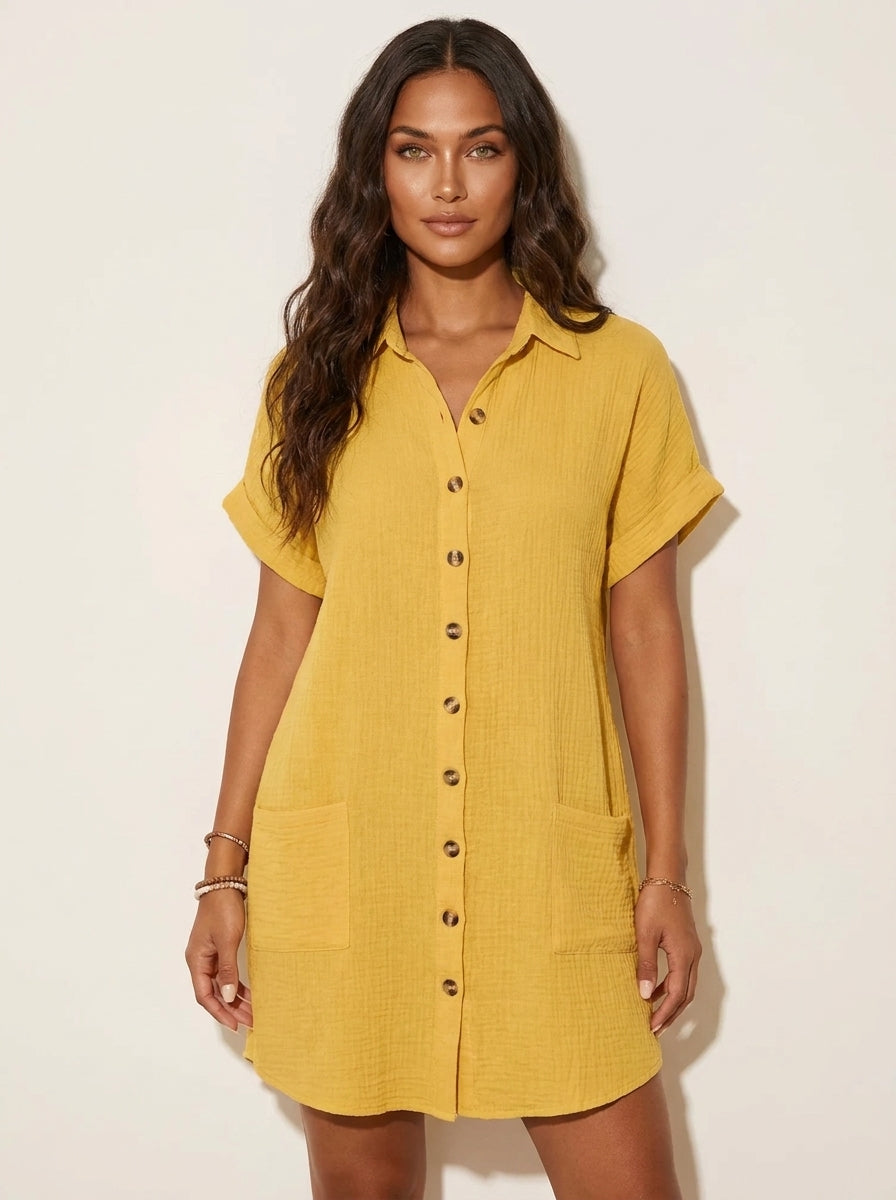 Cotton Shirt Dress with Button Front - Elise