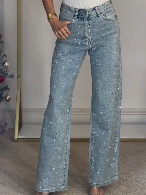Crystal Embellished Wide Leg Jeans - Nova