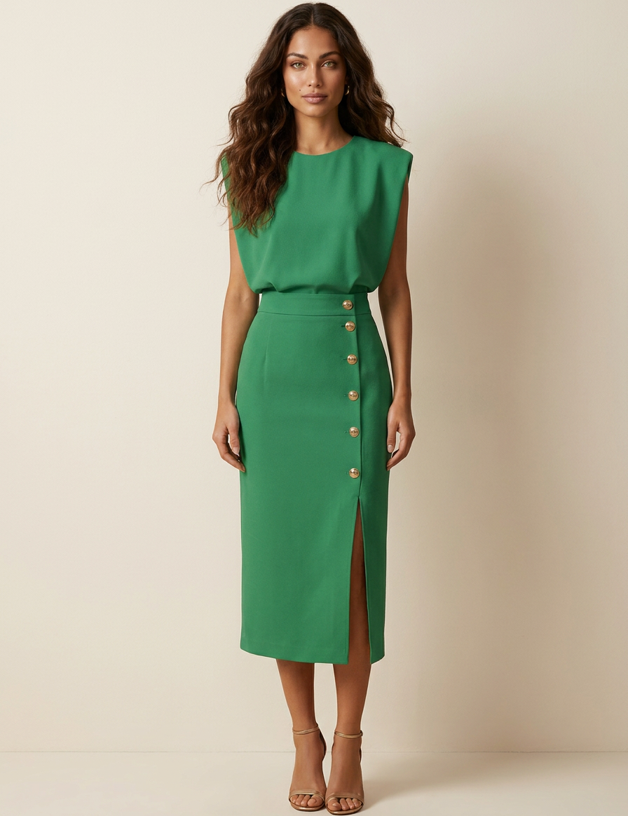 Elegant Button-Detail Midi Dress - Celeste