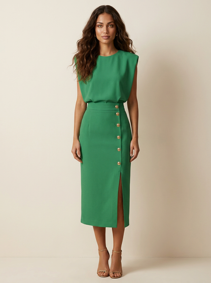 Elegant Button-Detail Midi Dress - Celeste