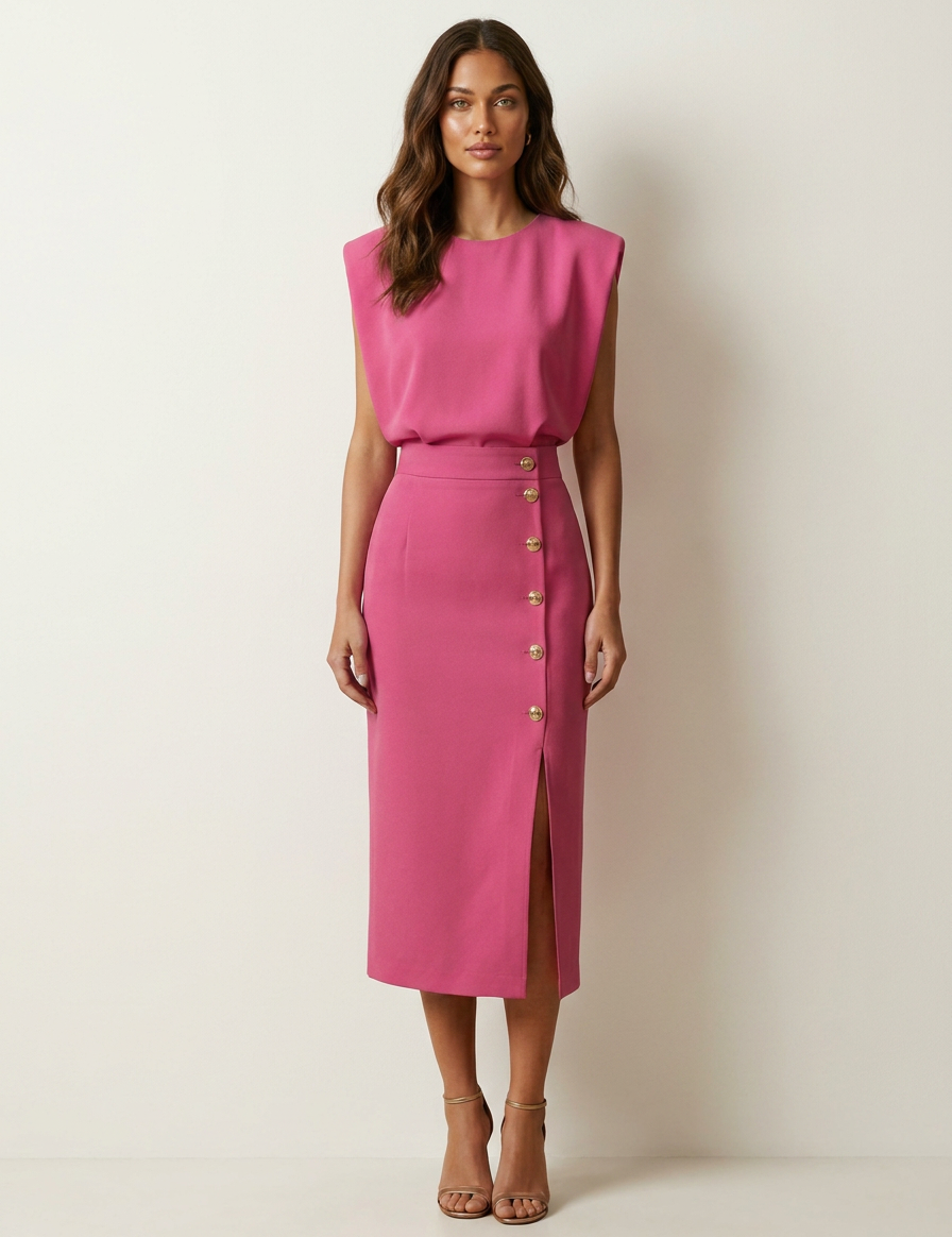 Elegant Button-Detail Midi Dress - Celeste