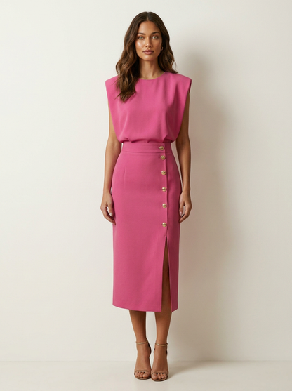 Elegant Button-Detail Midi Dress - Celeste