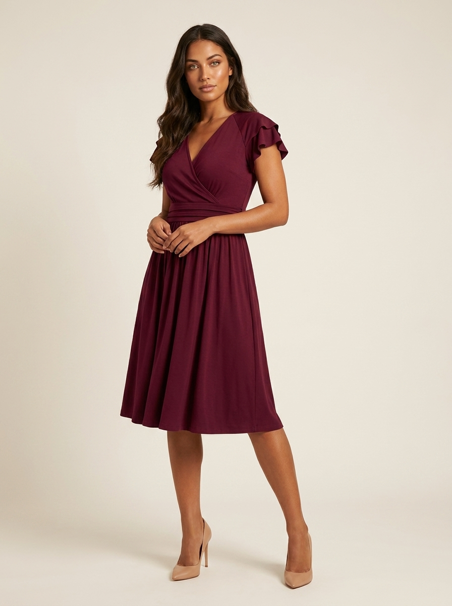 Elegant Midi Dress with Ruffle Sleeves - Claire