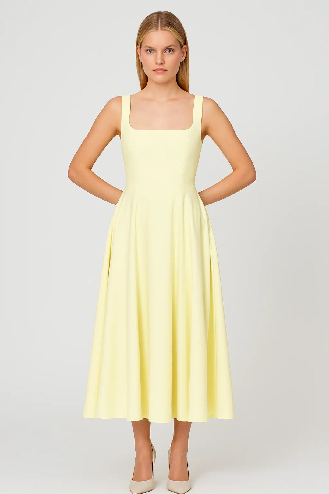 Elegant Midi Dress with Square Neckline - Amara