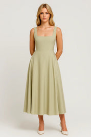 Elegant Midi Dress with Square Neckline - Amara