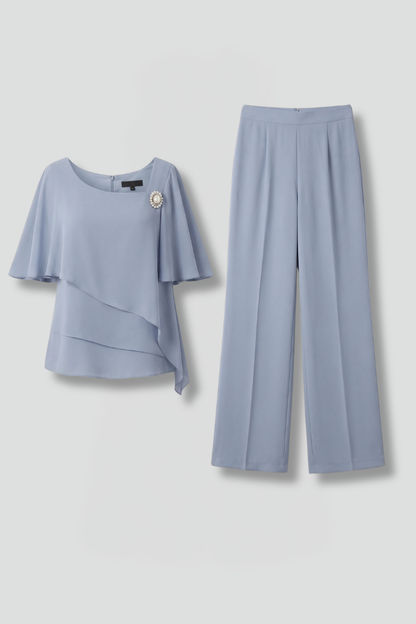 Elegant Top and Trousers Set - Celeste