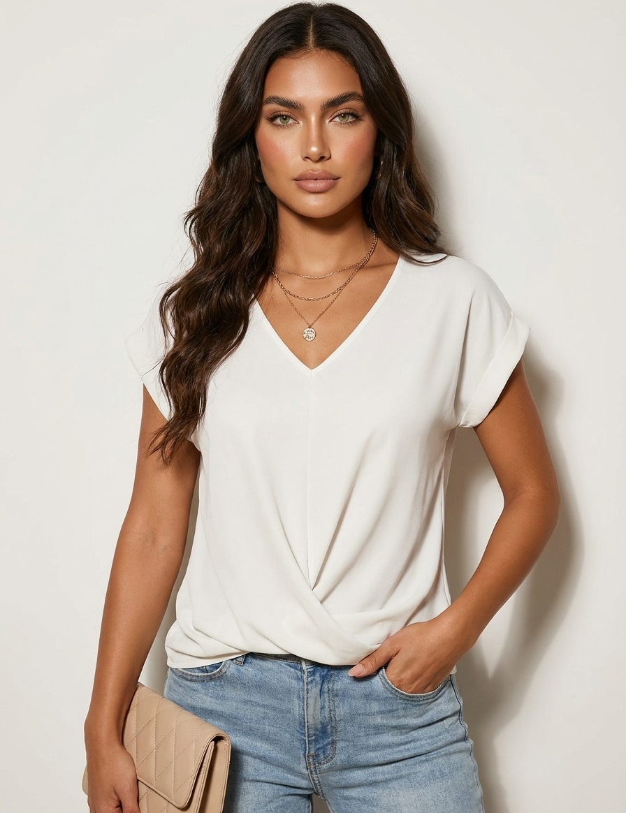 Elegant V-neck top with draped detail - Mila