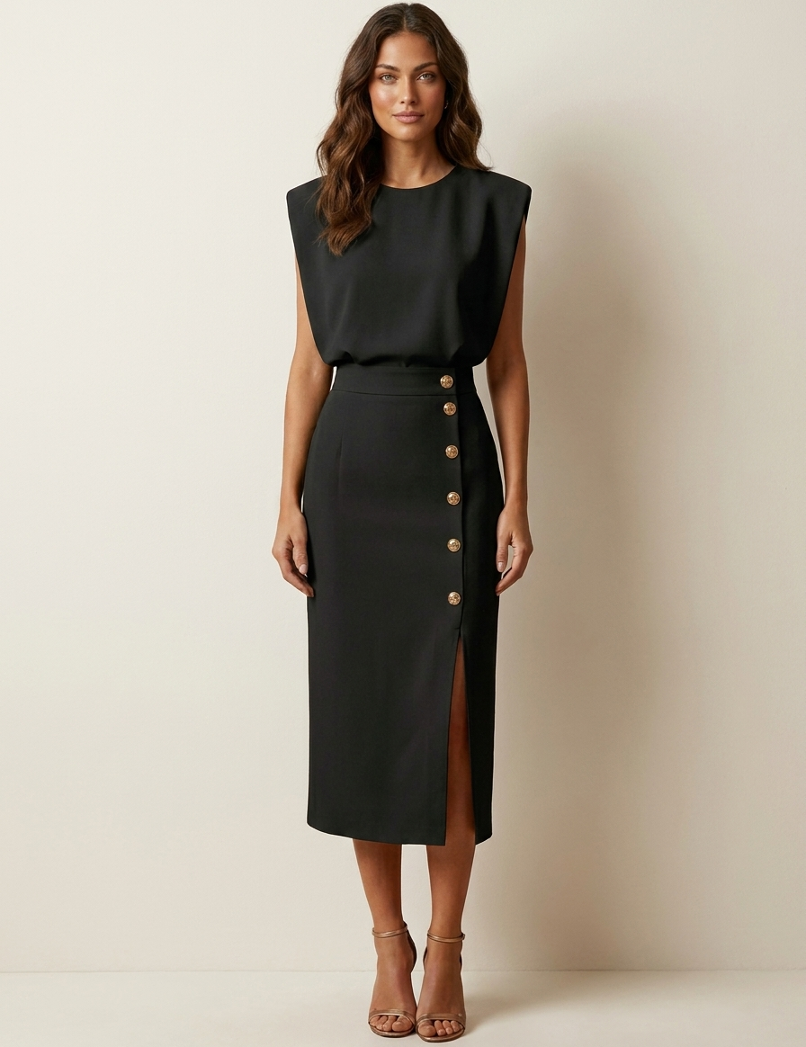 Elegant Button-Detail Midi Dress - Celeste