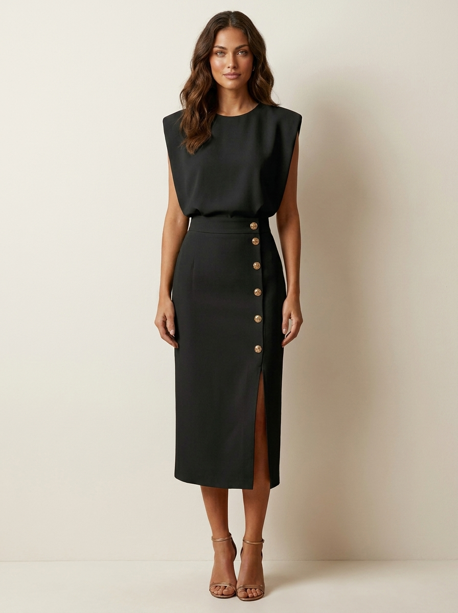 Elegant Button-Detail Midi Dress - Celeste