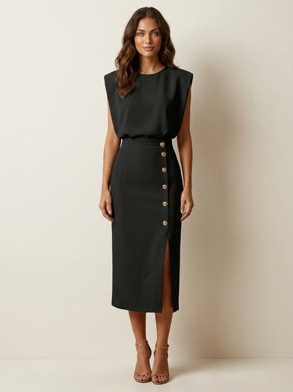 Elegant Button-Detail Midi Dress - Celeste
