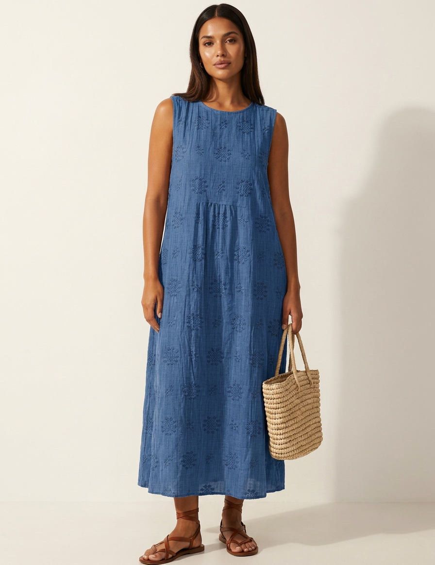 Embroidered Coastal Midi Dress - Elara
