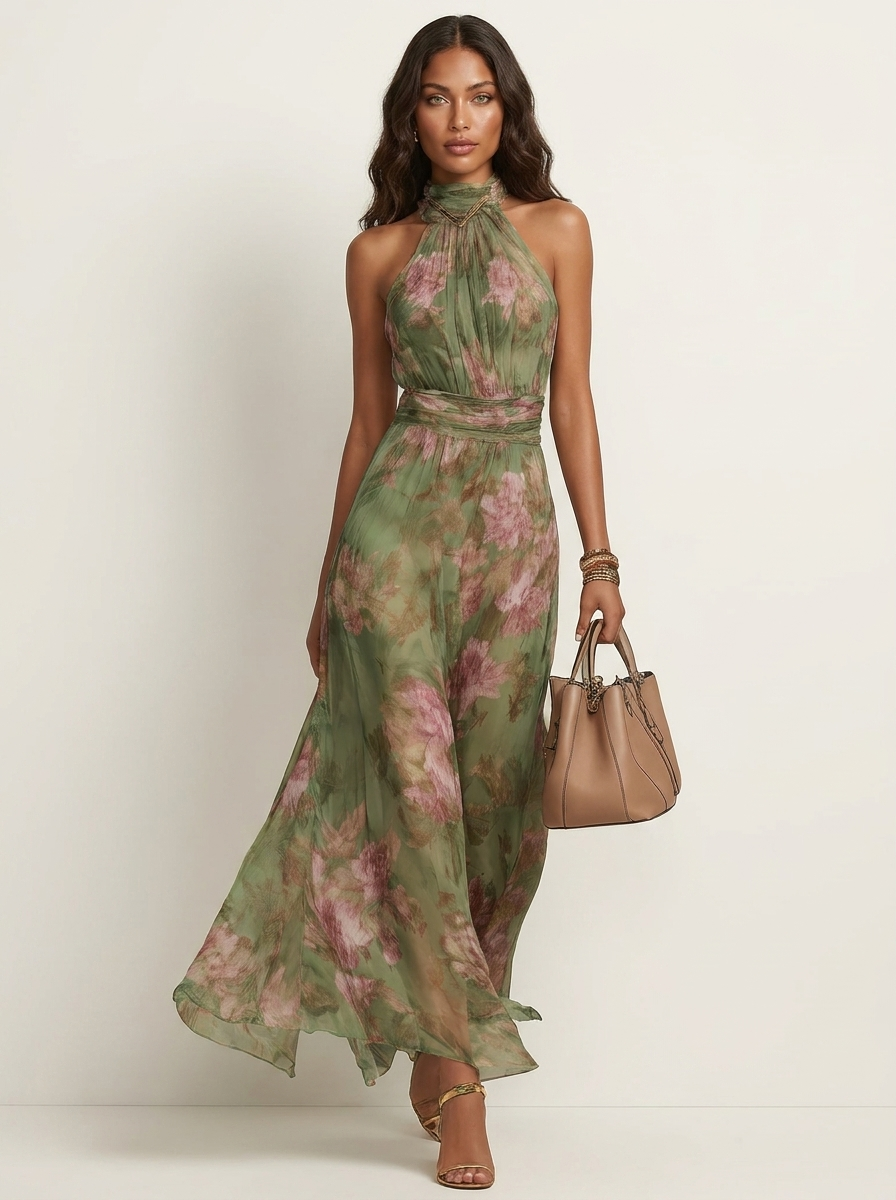 Floral Halter Neck Maxi Dress - Celeste