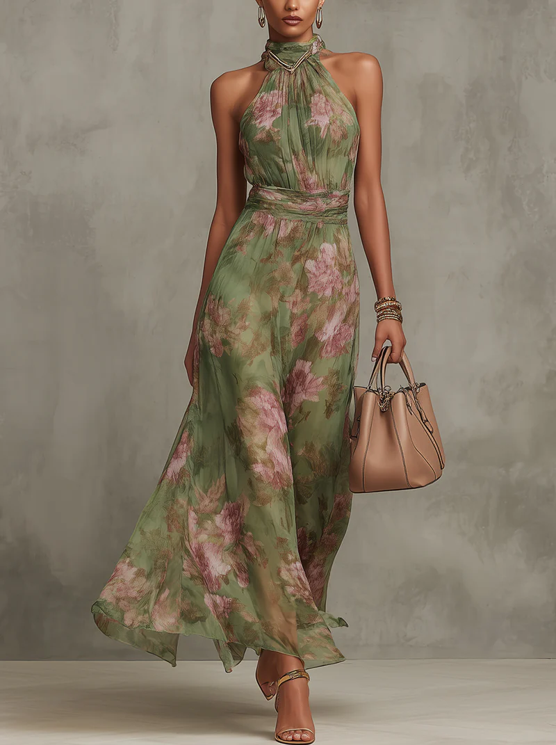Floral Halter Neck Maxi Dress - Celeste