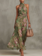 Floral Halter Neck Maxi Dress - Celeste