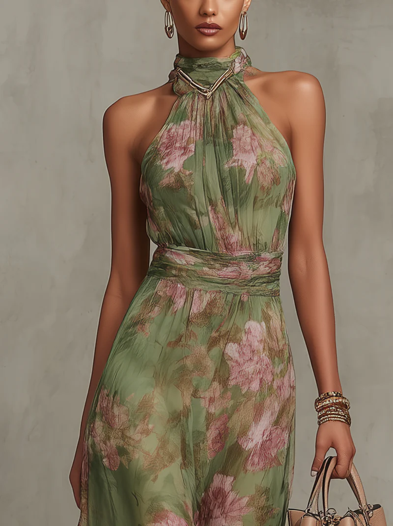 Floral Halter Neck Maxi Dress - Celeste