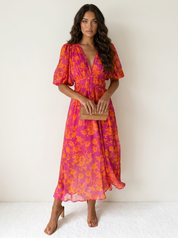 Floral Puff Sleeve Midi Dress - Juliette