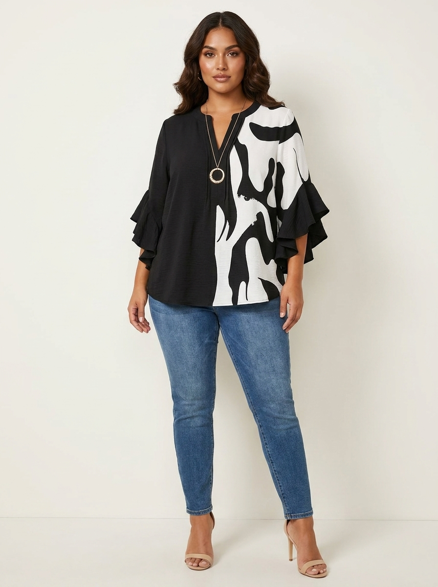 Floral Ruffle Sleeve Blouse - Celeste