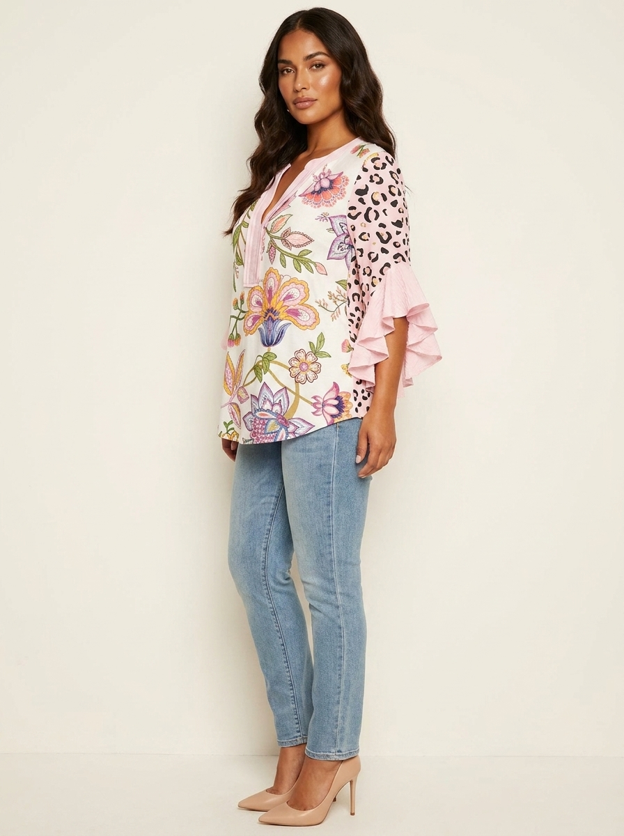 Floral Ruffle Sleeve Blouse - Celeste