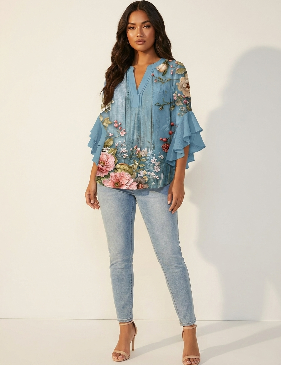 Floral Ruffle Sleeve Blouse - Celeste
