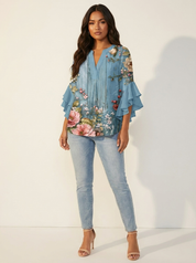 Floral Ruffle Sleeve Blouse - Celeste