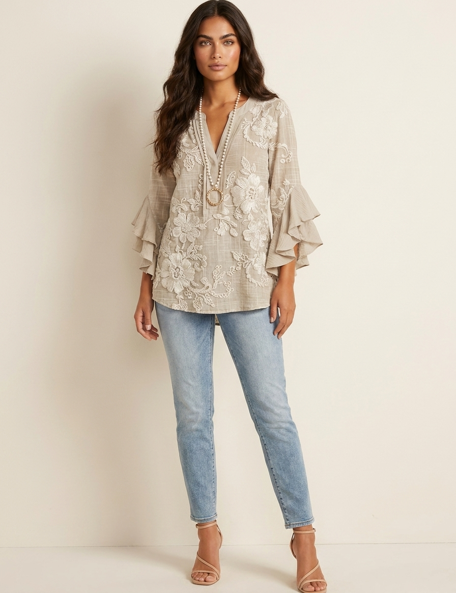 Floral Ruffle Sleeve Blouse - Celeste