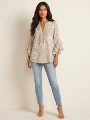 Floral Ruffle Sleeve Blouse - Celeste