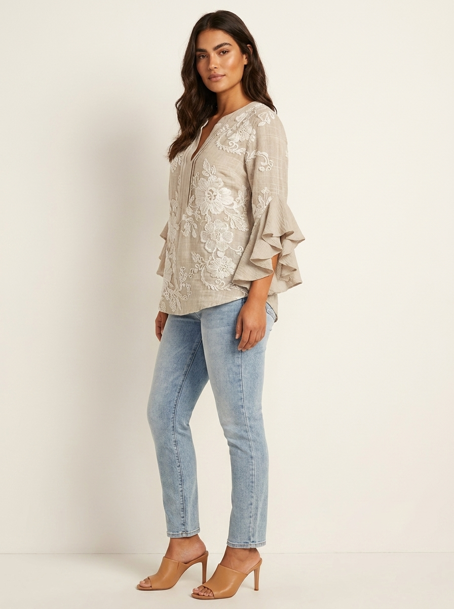 Floral Ruffle Sleeve Blouse - Celeste