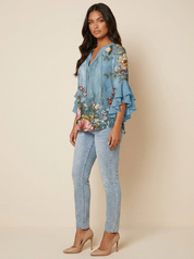 Floral Ruffle Sleeve Blouse - Celeste