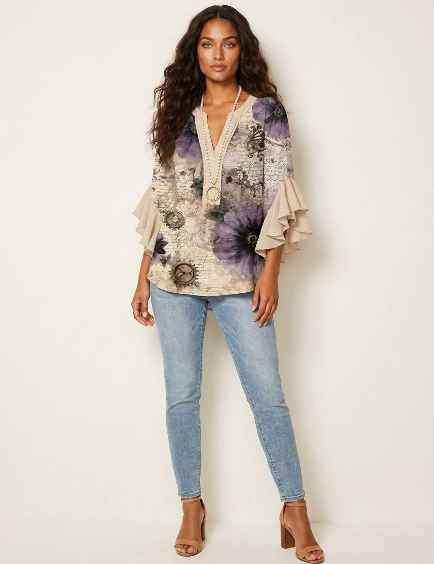 Floral Ruffle Sleeve Blouse - Celeste