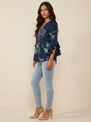 Floral Ruffle Sleeve Blouse - Celeste