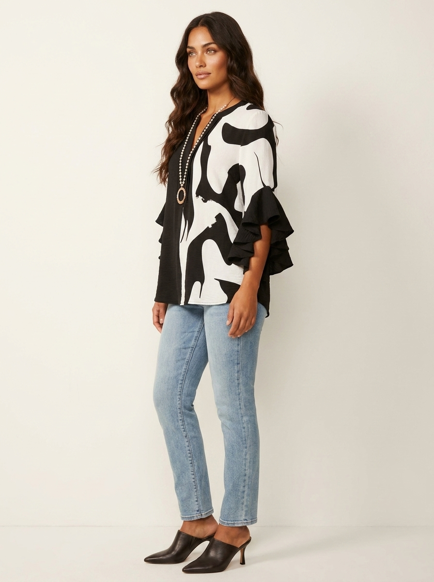 Floral Ruffle Sleeve Blouse - Celeste