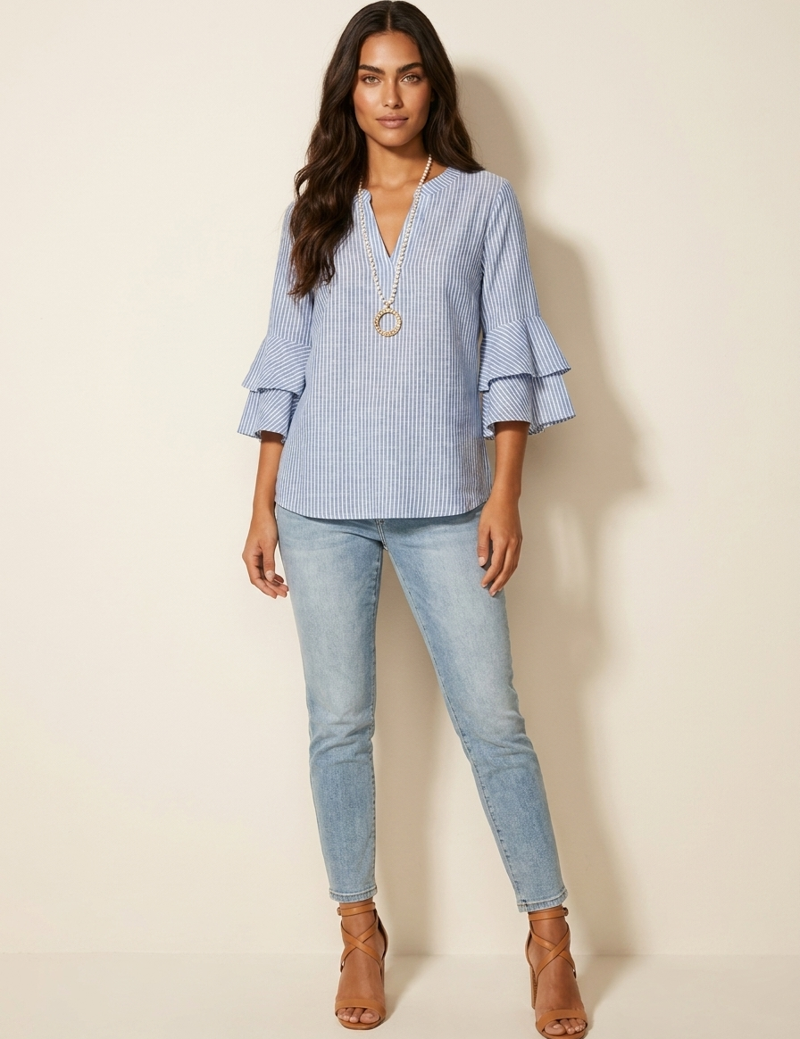 Floral Ruffle Sleeve Blouse - Celeste