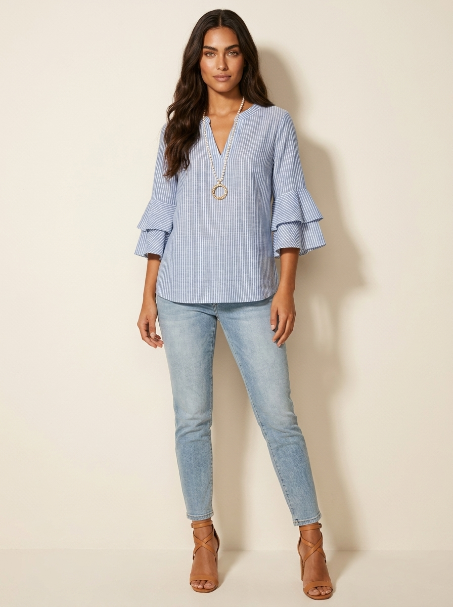 Floral Ruffle Sleeve Blouse - Celeste