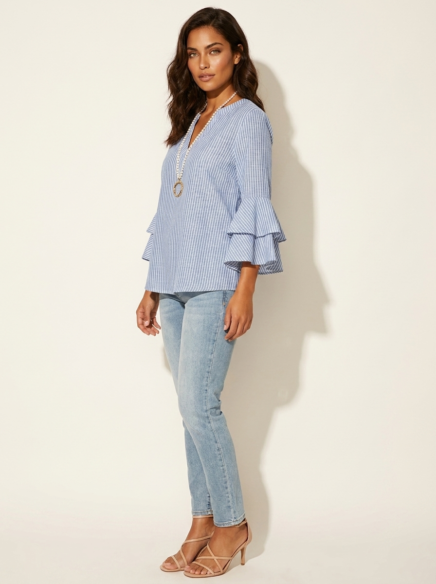 Floral Ruffle Sleeve Blouse - Celeste