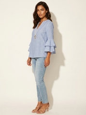 Floral Ruffle Sleeve Blouse - Celeste